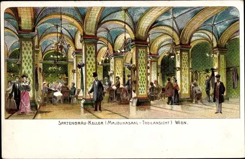 Litho Wien 1. Innere Stadt Österreich, Spatenbräu Keller, Majolikasaal, Innenansicht