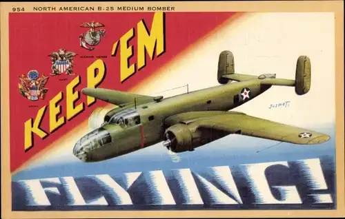 Künstler Ak Jusmet, US Amerikanisches Militärflugzeug, Keep em Flying, Lockheed B 14 Hudson Bomber