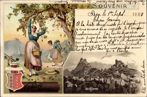 Litho Sion Meurthe et Moselle, Totale vom Ort, Frau beim Pflücken