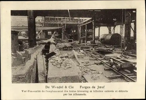Ak Joeuf Meurthe et Moselle, De Wendel & Cie, Forges de Joeuf, von den Deutschen zerstörte Züge