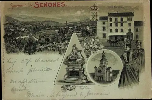 Mondschein Litho Senones Sens Lothringen Vosges, Totale, Kirche, Denkmal