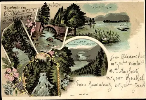 Litho Retournemer Lothringen Vosges, See, Wald, Fluss, Wasserfall, Brücke