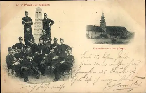 Ak Provenchères sur Fave Vosges, Le 13. Dragons aux manoeuvres, Marktplatz