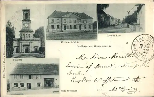 Ak Lachapelle sous Rougemont Territoire de Belfort, Église, École et Mairie, Grande Rue, Café