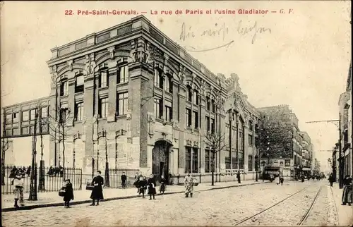 Ak Le Pré Saint Gervais Seine Saint Denis, La rue de Paris et l'usine Gladiator