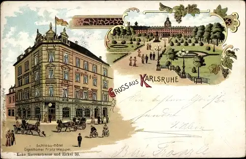 Litho Karlsruhe in Baden, Schlosshotel, Parkpartie, Ecke Herrenstraße und Zirkel 33