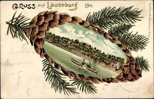 Tannenzapfen Litho Lauenburg an der Elbe, Elbansicht, Dampfer