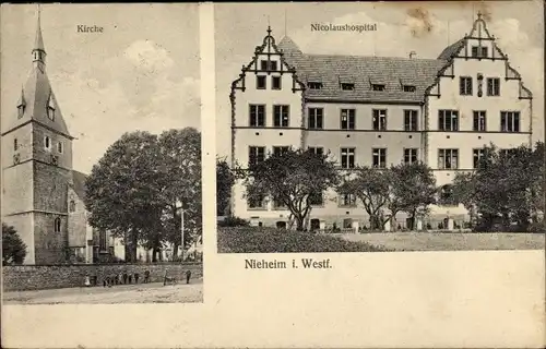 Ak Nieheim in Westfalen, Kirche, Nicolaushospital