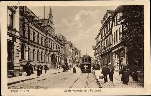 Ak Paderborn in Westfalen, Westernstraße mit Postamt, Straßenbahn