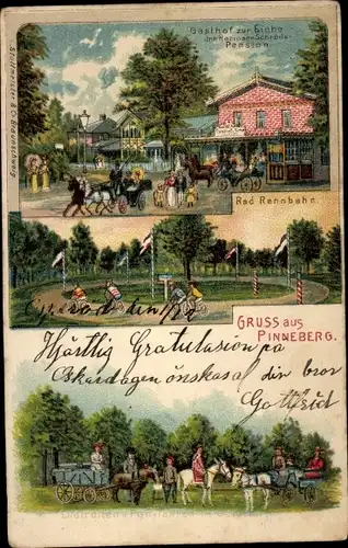 Litho Pinneberg in Schleswig Holstein, Radrennbahn, Eselreiten, Gasthof zur Eiche