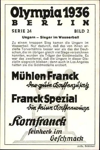 Sammelbild Olympia 1936, Serie 24 Nr. 2, Ungarn Wasserballmannschaft, Franck-Kaffee