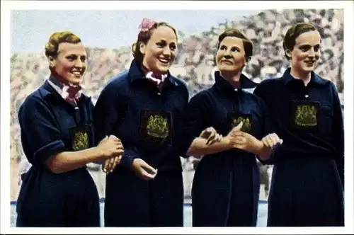Sammelbild Olympia 1936 Serie 23 Nr. 2, 4x100m Freistil Selbach, den Ouden, Wagner, Mastenbroek