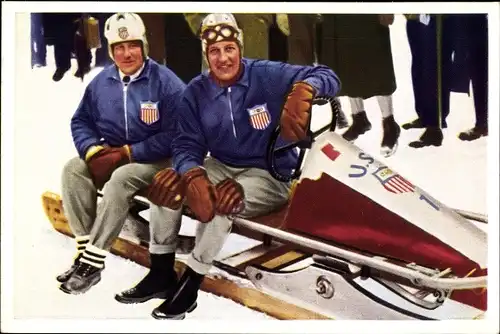 Sammelbild Olympia 1936, Serie 8a Nr. 5, Zweierbob USA, Brown und Washbond, Franck-Kaffee