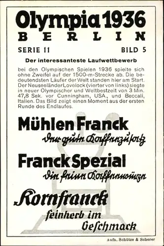 Sammelbild Olympia 1936, Serie 11 Bild 5, 1500m Lauf der Männer, Franck-Kaffee