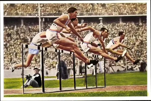 Sammelbild Olympia 1936, Serie 13 Bild 5, 100m Hürdenlauf der Männer, Franck-Kaffee