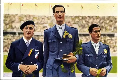 Sammelbild Olympia 1936, Serie 18 Bild 2, Florettfechter Gardere, Gaudini, Bocchino, Franck-Kaffee