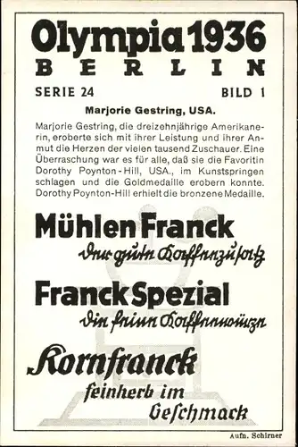 Sammelbild Olympia 1936, Serie 24 Bild 1, Turmspringerin Marjorie Gestring (USA), Franck-Kaffee