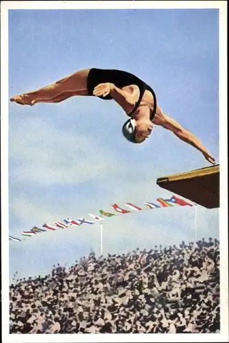 Sammelbild Olympia 1936, Serie 24 Bild 3, Turmspringerin Dorothy Poynton-Hill (USA), Franck-Kaffee