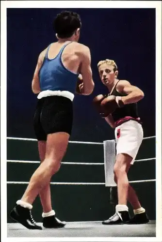Sammelbild Olympia 1936, Serie 26 Bild 3, Boxen, Fliegengewicht Willi Kaiser, Matta, Franck-Kaffee