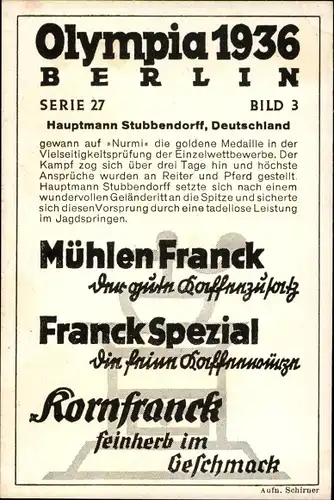 Sammelbild Olympia 1936, Serie 27 Bild 3, Der dt. Jagdspringer Hauptmann Stubbendorf, Franck-Kaffee