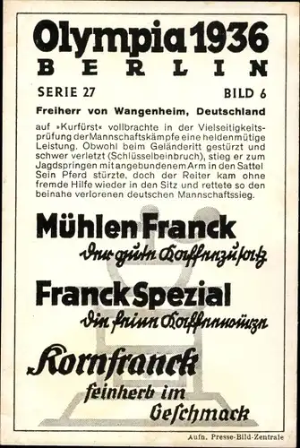 Sammelbild Olympia 1936, Serie 27 Bild 6, Der dt. Jagdspringer Freiherr v. Wangenheim, Franck-Kaffee