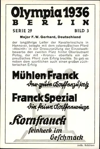 Sammelwerk Olympia 1936, Serie 29 Bild 3, Der deutsche Dressurreiter Major Gerhard, Franck Kaffee