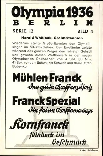 Sammelbild Olympia 1936, Serie 12 Bild 4, Gehen, Engländer Harald Whitlock,  Franck Kaffee