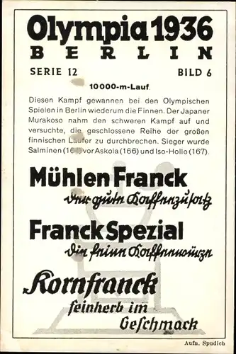 Sammelbild Olympia 1936, Serie 12 Bild 6, 10000m-Lauf, Salminen, Askola, Iso Hollo, Franck Kaffee