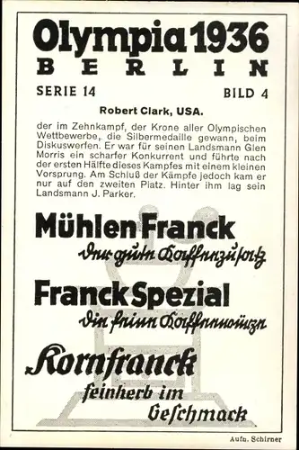 Sammelbild Olympia 1936, Serie 13 Bild 6, Der amerik. Diskuswerfer Robert Clark, Franck Kaffee