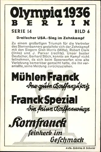 Sammelbild Olympia 1936 Serie 14 Bild 6 Siegerehrung Zehnkampf, Morris, Clark, Parker, Franck Kaffee