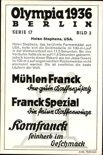 Sammelbild Olympia 1936 Serie 17 Bild 3 amerikanische Sprinterin Helen Stephens, Franck Kaffee