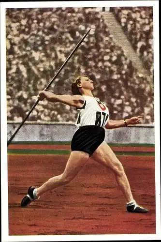 Sammelbild Olympia 1936 Serie 17 Bild 4, Die deutsche Speerwerferin Tilly Fleischer, Franck Kaffee