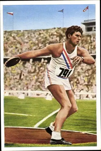 Sammelbild Olympia 1936 Serie 16 Bild 4, Der amerikanische Diskuswerfer K. Carpenter, Franck Kaffee