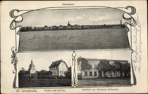 Ak Großwusterwitz Wusterwitz in Brandenburg, Seeansicht, Kirche, Schule, Gasthof