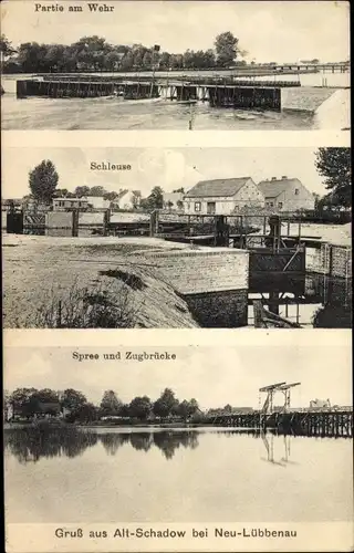 Ak Alt Schadow Märkische Heide, Partie am Wehr, Schleuse, Spree, Zugbrücke