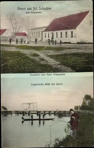 Ak Alt Schadow Märkische Heide, Gasthof von Paul Hilpmann, Zugbrücke über die Spree