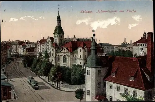 Ak Leipzig in Sachsen, Johannisplatz mit Kirche