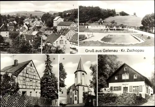 Ak Gelenau im Erzgebirge, Übersicht, Freibad, Fachwerkhaus, Kirche, Ausflugsgaststätte Waldhof