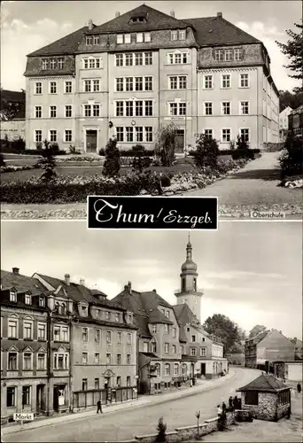 Ak Thum Erzgebirge, Oberschule, Marktstraße, Kirchturm