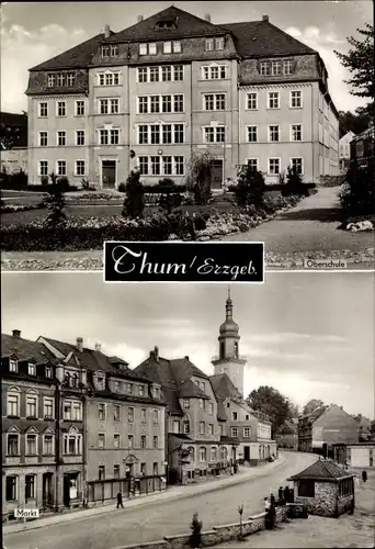 Ak Thum Erzgebirge, Oberschule, Markt, Kirchturm