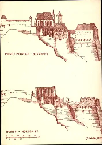 Künstler Ak Oybin in der Oberlausitz, Burg und Kloster, Seitenansicht, Ruinen, Rekonstruktion