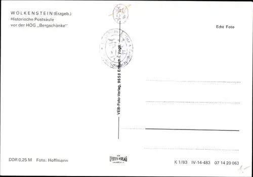 Ak Wolkenstein in Sachsen, Historische Postsäule vor der HOG Bergschänke