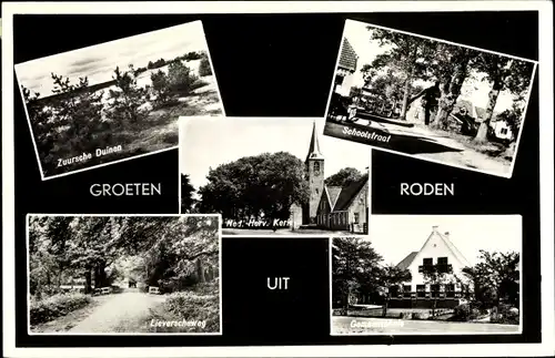 Ak Roden Drenthe Niederlande, Zuursche Duinen, Schoolstraat, Ned. Herv. Kerk