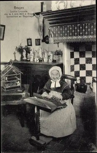 Ak Bruges Brügge Flandern Westflandern, Dentellière au Béguinage, Klöpplerin, Vogelkäfig