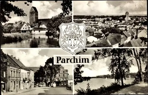 Ak Parchim in Mecklenburg, Wappen, Kirche, Ortsansicht
