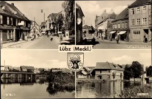 Wappen Ak Lübz Mecklenburg, Rudolf Breitscheid Straße, Eldepartie, Ernst Thälmann Straße