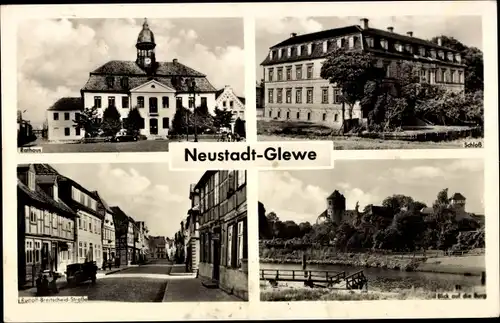 Ak Neustadt Glewe in Mecklenburg, Rudolf Breitscheid Straße, Rathaus, Schloss, Burg und Flusspartie