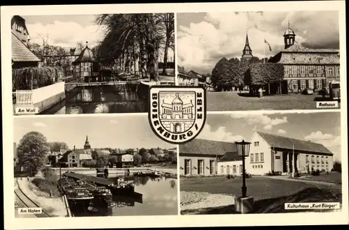 Wappen Ak Boizenburg an der Elbe, Hafen, Rathaus, Am Wall, Kulturhaus Kurt Bürger