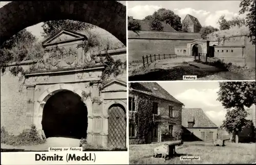 Ak Dömitz in Mecklenburg, Eingang zur Festung, Festungshof mit Kanone