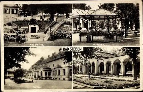 Ak Bad Steben in Oberfranken, Wiesenquelle, Tempelquelle, Kurhaus, Wandelhalle